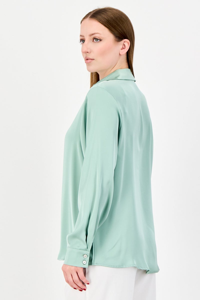 bebe Women Spread Collar Long Sleeves Plain Shirt, Pista Green - Image 2